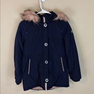 Michael Kors Navy Hooded Puffer Jacket with Pink Faux Fur Trim Size 10/12